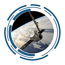 A vessel in space, hovering over the Earth. The image is framed by a circular, futuristic design.
